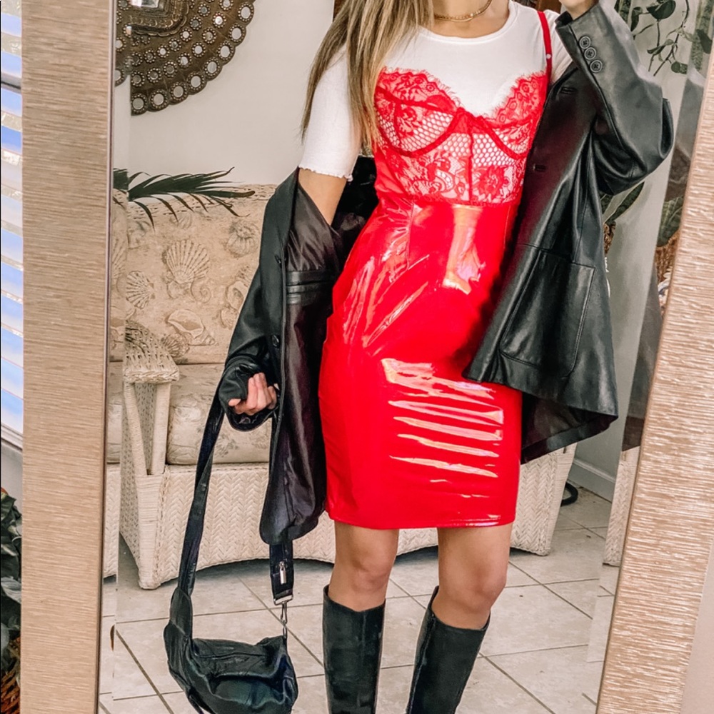 Leather & lace Red Body Con Dress